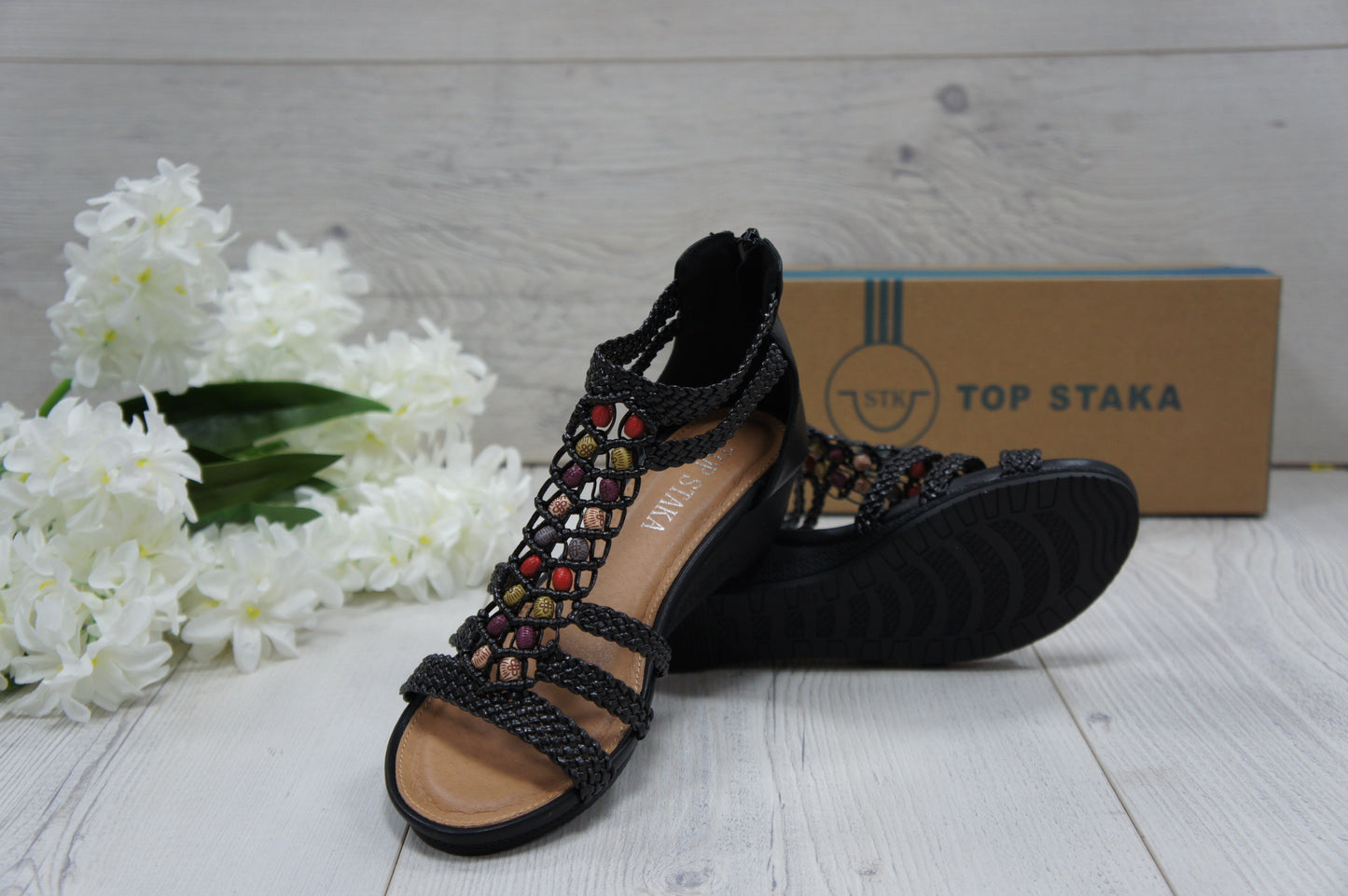 Womens Summer Braided Strappy Beaded Flowery Espadrille Wedge Sandals A8951 BLACK