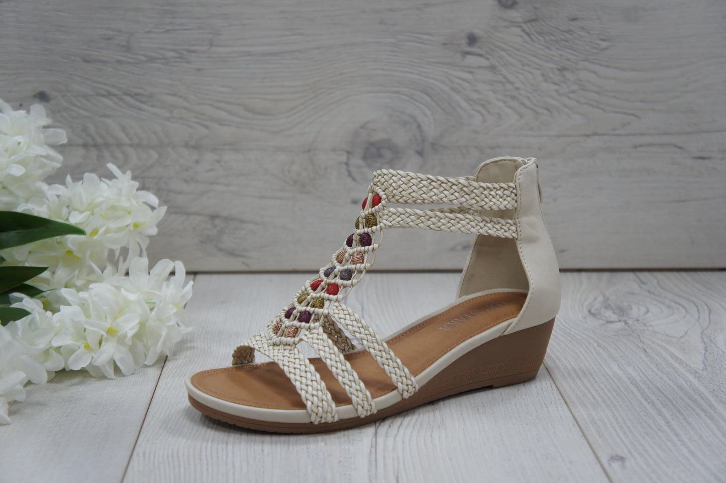 Womens Summer Braided Strappy Beaded Flowery Espadrille Wedge Sandals A8951 BEIGE