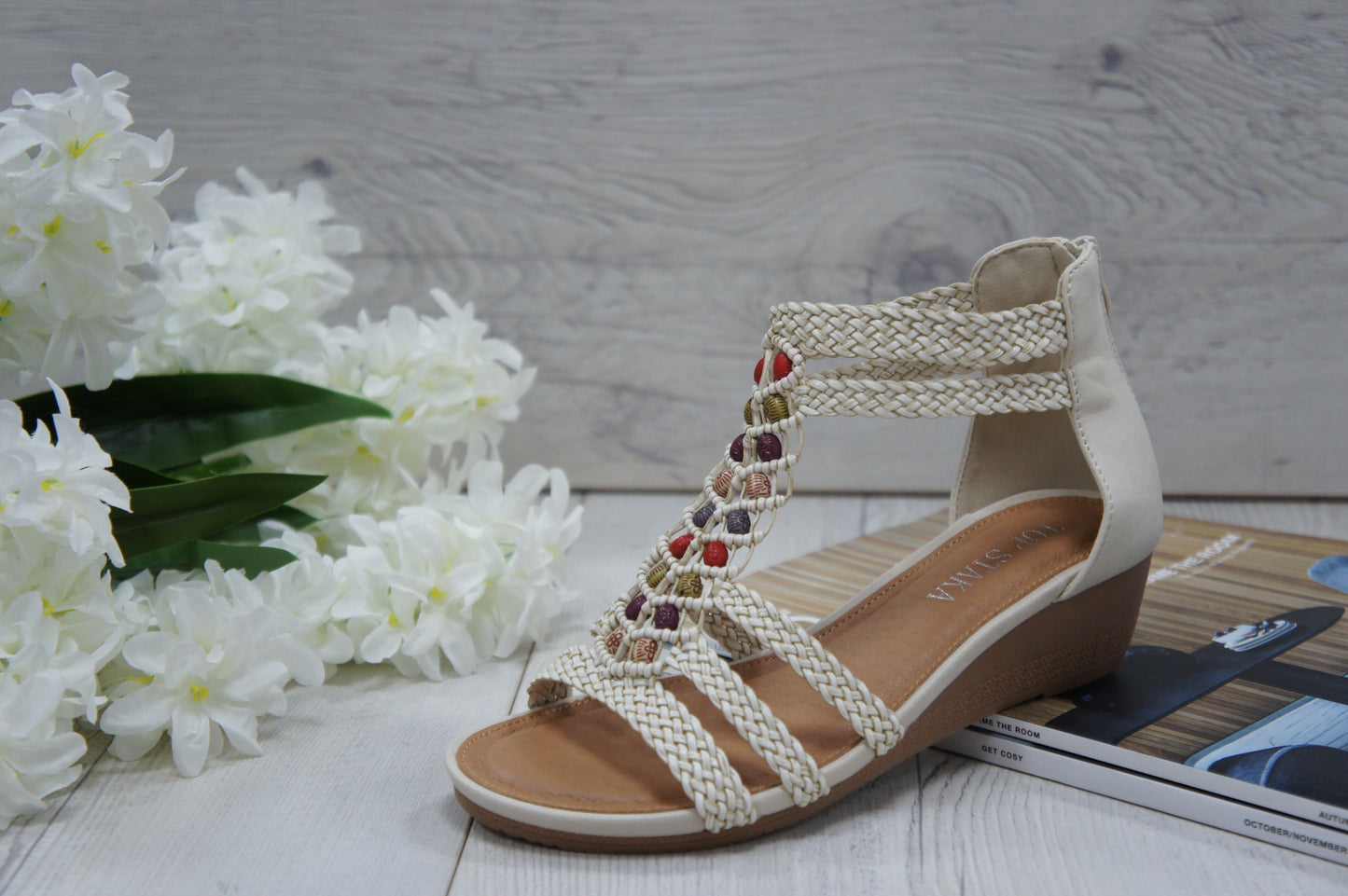 Womens Summer Braided Strappy Beaded Flowery Espadrille Wedge Sandals A8951 BEIGE