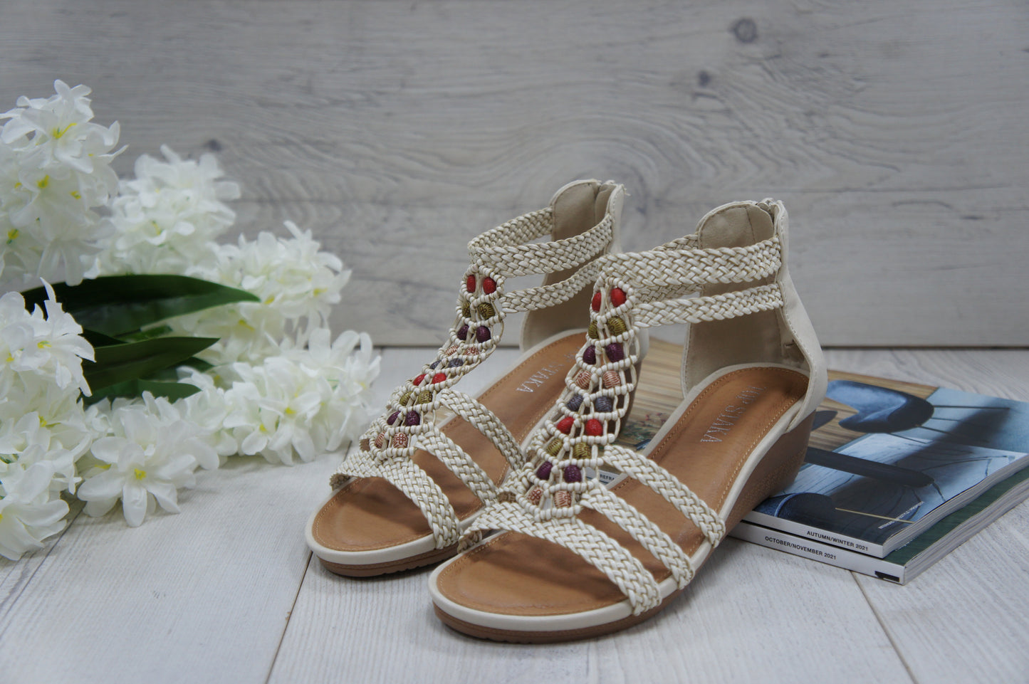 Womens Summer Braided Strappy Beaded Flowery Espadrille Wedge Sandals A8951 BEIGE