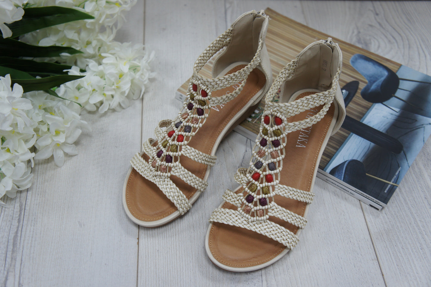 Womens Summer Braided Strappy Beaded Flowery Espadrille Wedge Sandals A8951 BEIGE