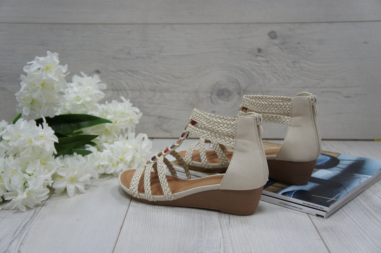 Womens Summer Braided Strappy Beaded Flowery Espadrille Wedge Sandals A8951 BEIGE