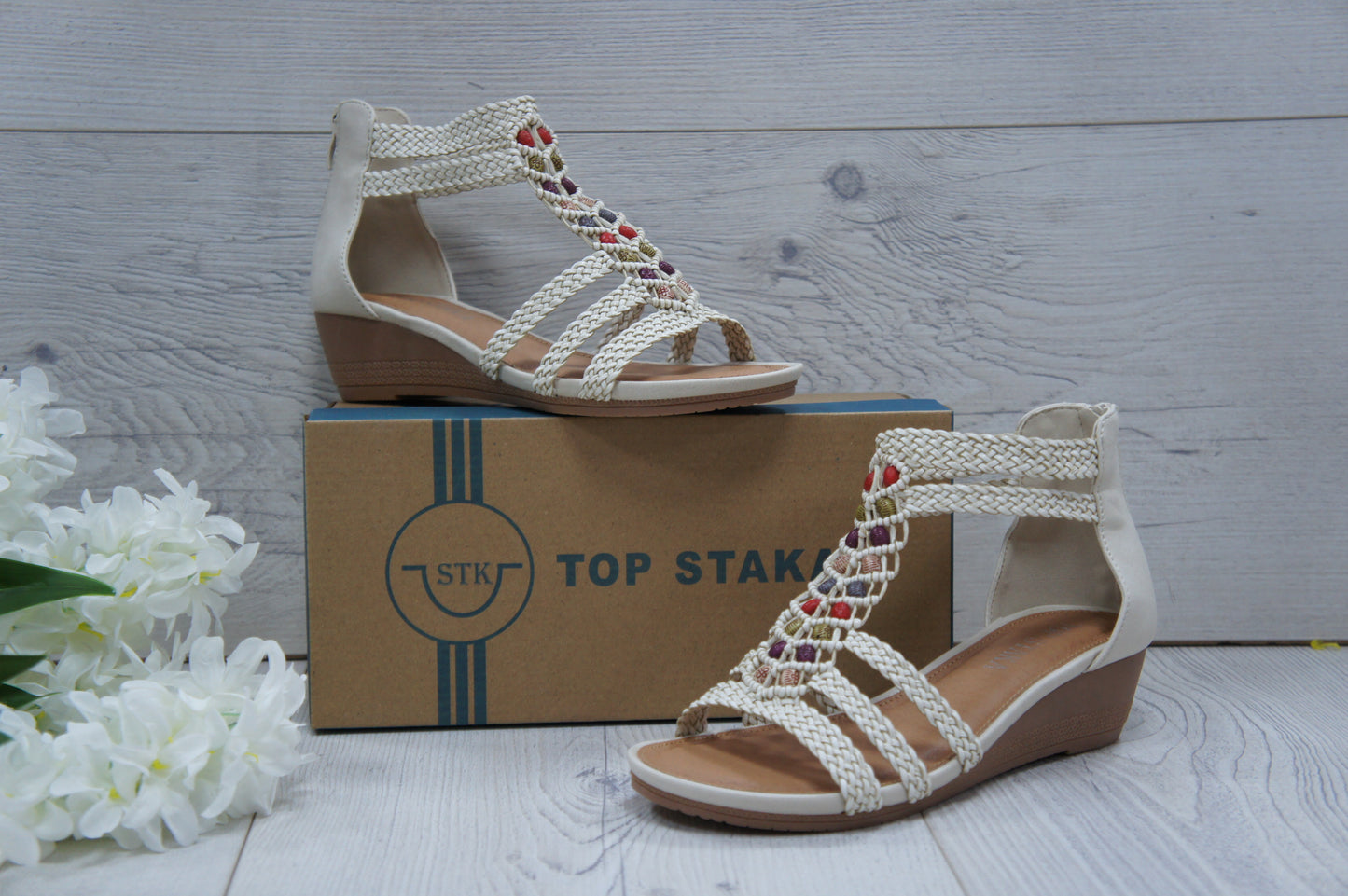 Womens Summer Braided Strappy Beaded Flowery Espadrille Wedge Sandals A8951 BEIGE