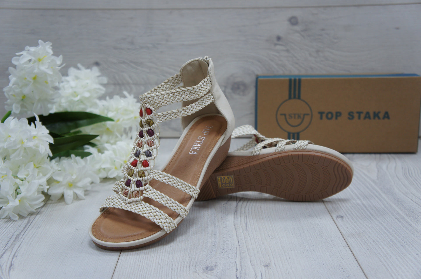 Womens Summer Braided Strappy Beaded Flowery Espadrille Wedge Sandals A8951 BEIGE