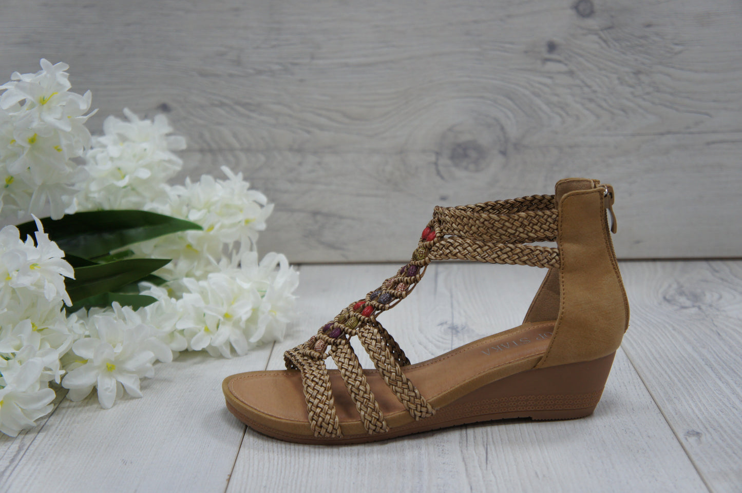 Womens Summer Braided Strappy Beaded Flowery Espadrille Wedge Sandals A8951 CAMEL