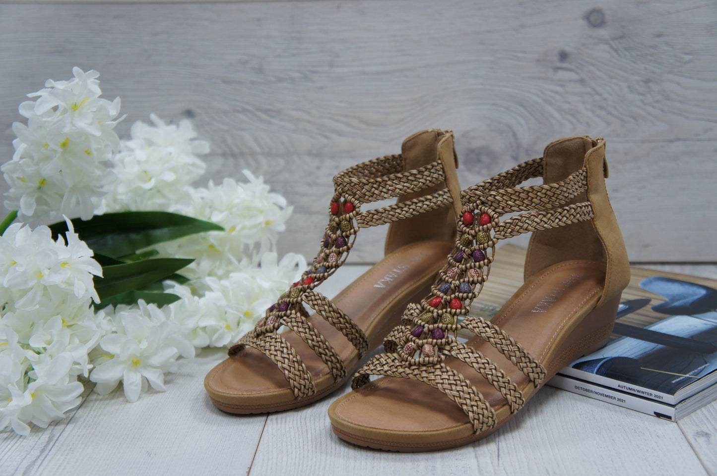 Womens Summer Braided Strappy Beaded Flowery Espadrille Wedge Sandals A8951 CAMEL