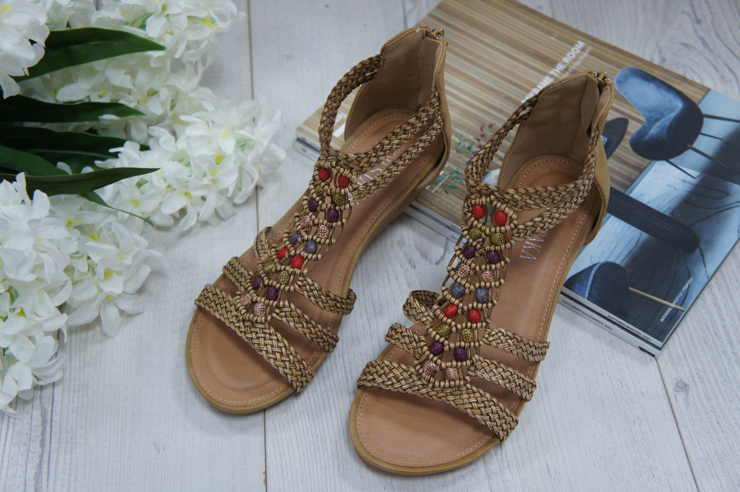 Womens Summer Braided Strappy Beaded Flowery Espadrille Wedge Sandals A8951 CAMEL