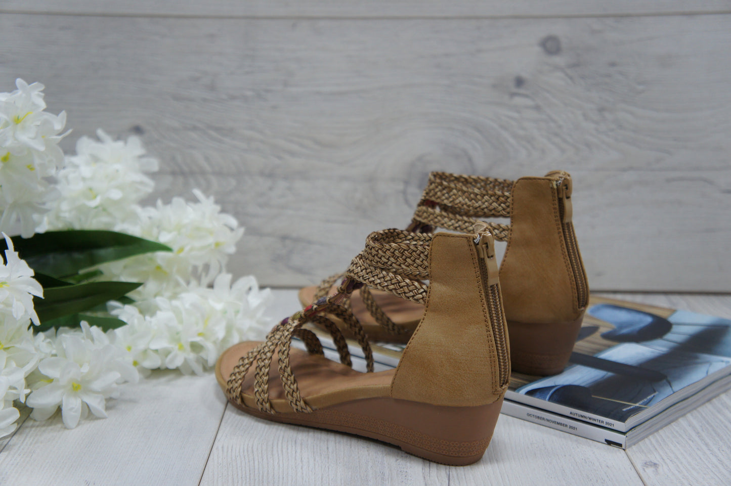 Womens Summer Braided Strappy Beaded Flowery Espadrille Wedge Sandals A8951 CAMEL