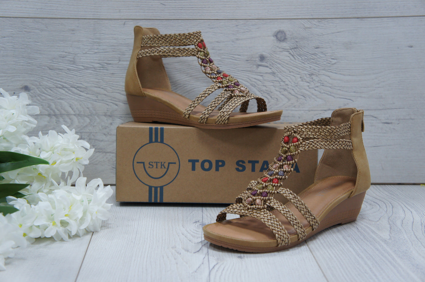 Womens Summer Braided Strappy Beaded Flowery Espadrille Wedge Sandals A8951 CAMEL