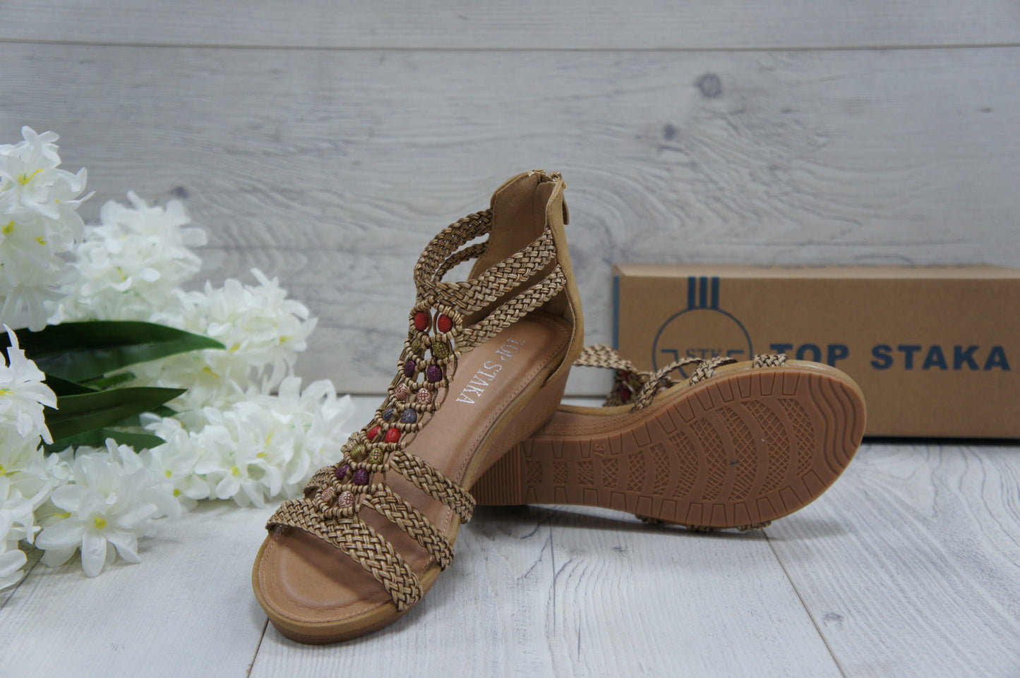 Womens Summer Braided Strappy Beaded Flowery Espadrille Wedge Sandals A8951 CAMEL