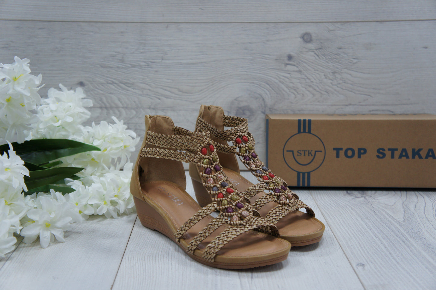 Womens Summer Braided Strappy Beaded Flowery Espadrille Wedge Sandals A8951 CAMEL