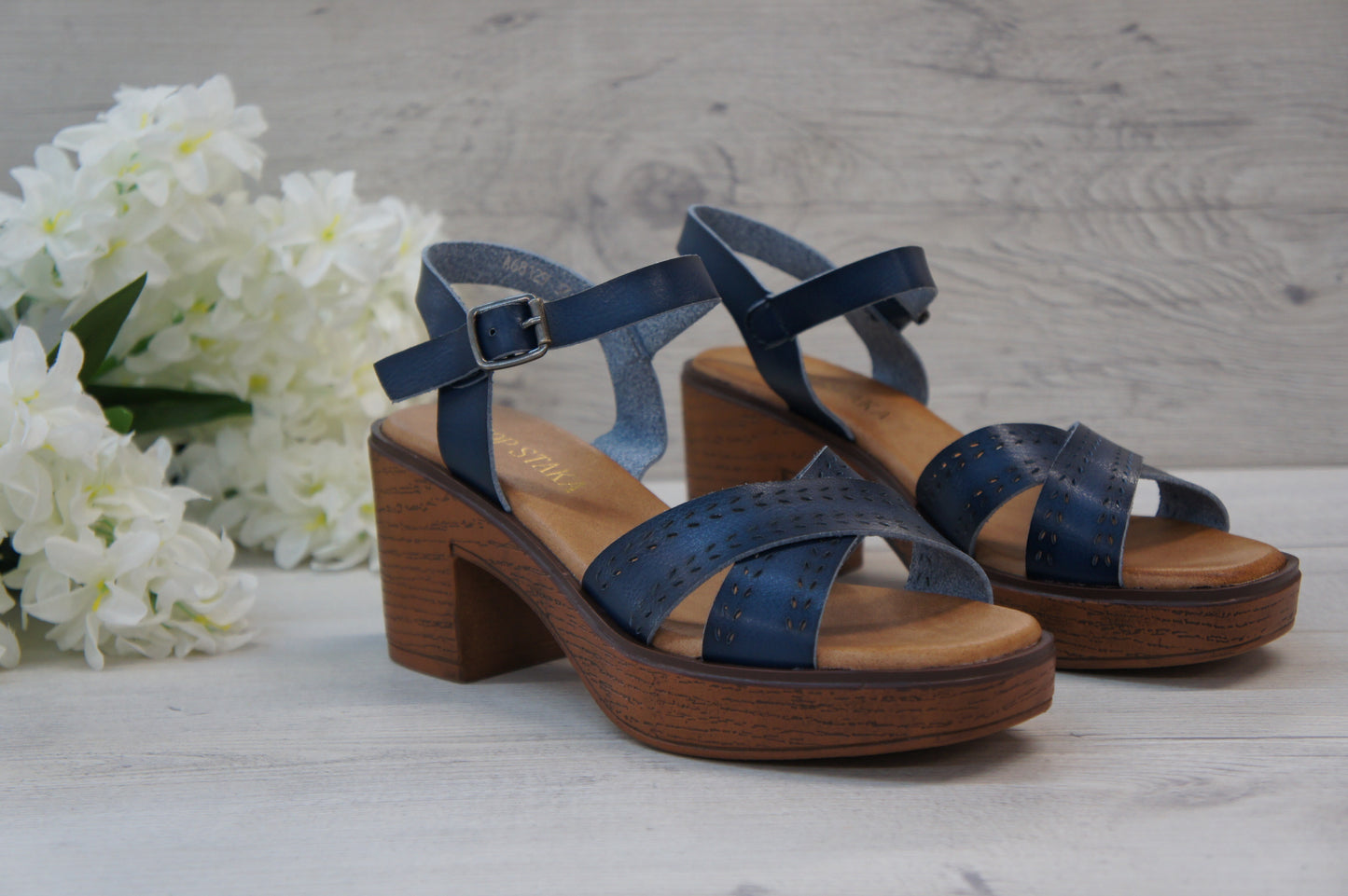 Women Platform Wood Effect Heels Cushioning A68129 Blue