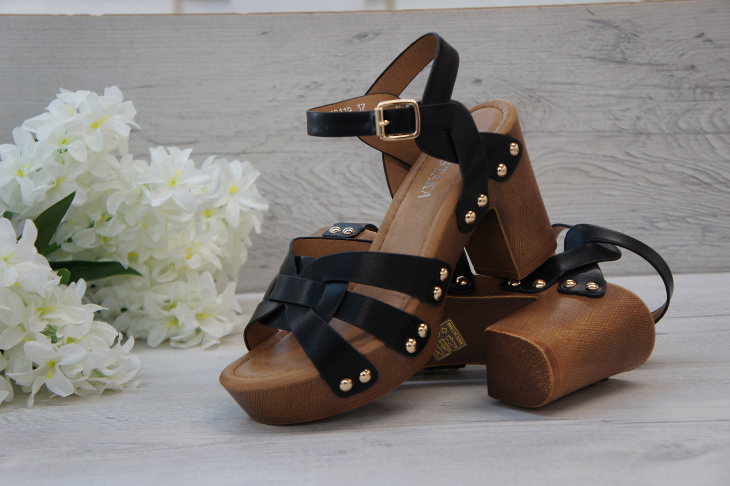 Women Platform Wood Effect Heels Black A68119