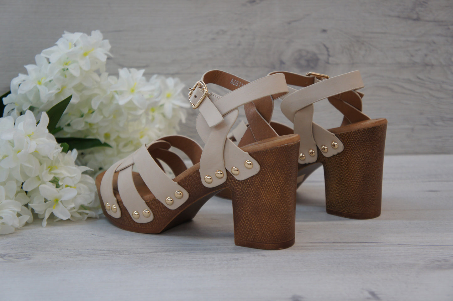 Women Platform Wood Effect Heels Beige A68119