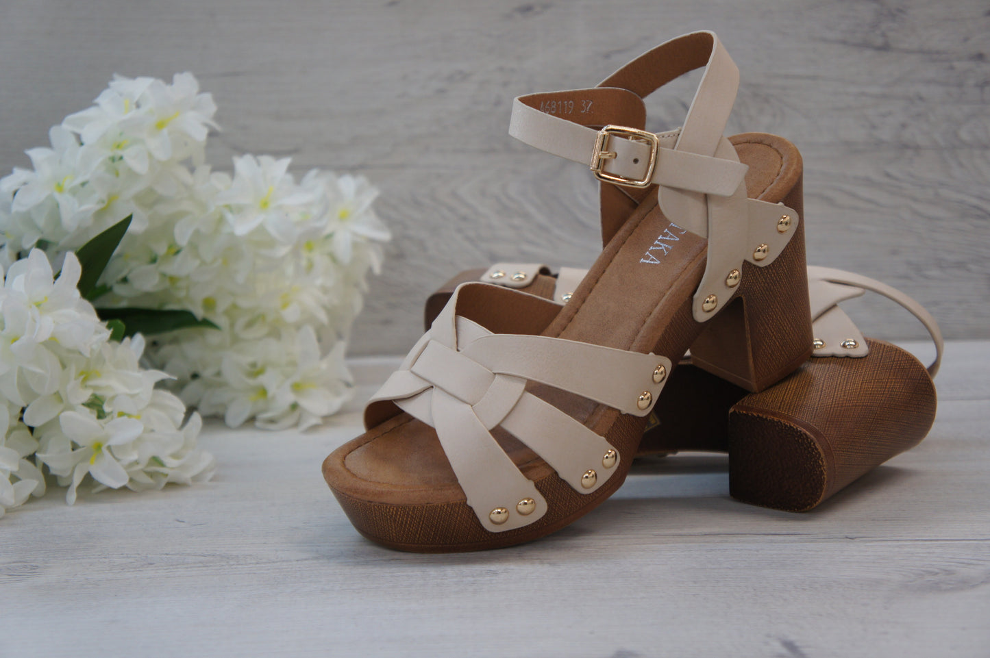 Women Platform Wood Effect Heels Beige A68119