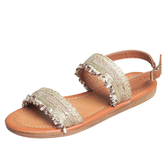 Women Summer Sparkle Sandals with Flat Slingback, Casual Open Toe Rhinestone Embellishments Crystal Shoes A150-25 BROWN