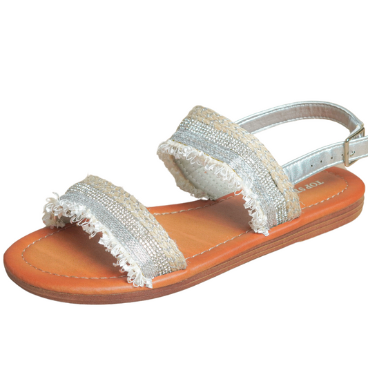 Women Summer Sparkle Sandals with Flat Slingback, Casual Open Toe Rhinestone Embellishments Crystal Shoes A150-25 SILVER